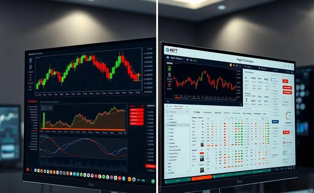 A side-by-side comparison of two trading platform dashboards on computer screens.