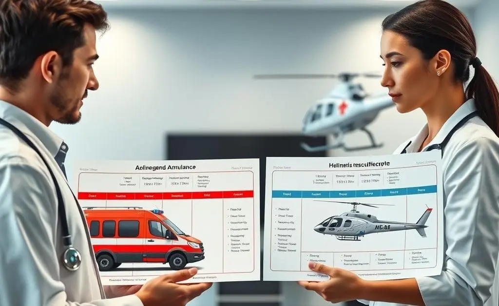 Two characters comparing a medical ambulance and a medical helicopter using charts.