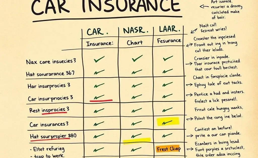Hand-drawn chart comparing different car insurance policies, with notes and highlights