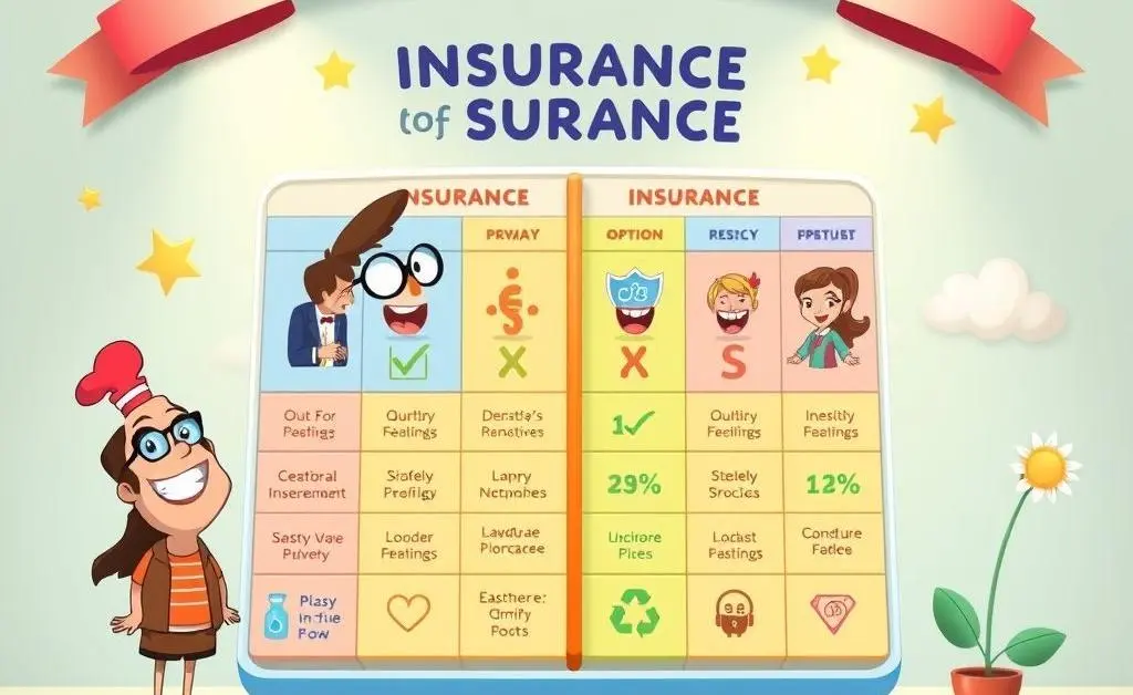 Cartoon-style comparison chart showing benefits of different insurance plans