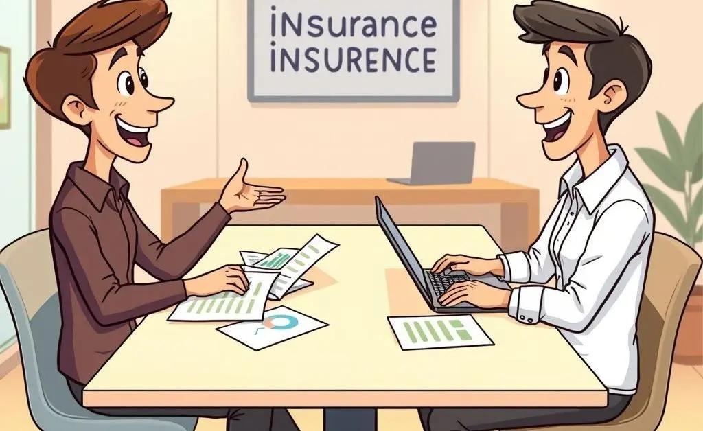 Two people comparing insurance options at a table with documents and laptops.