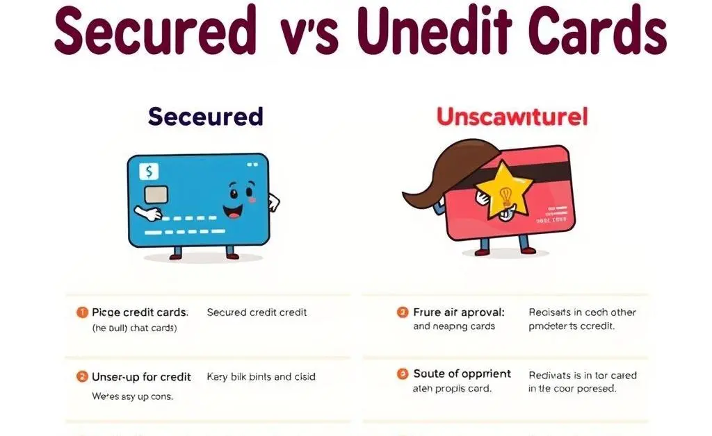 A cartoon-style chart comparing secured and unsecured credit cards with pros and cons for each.