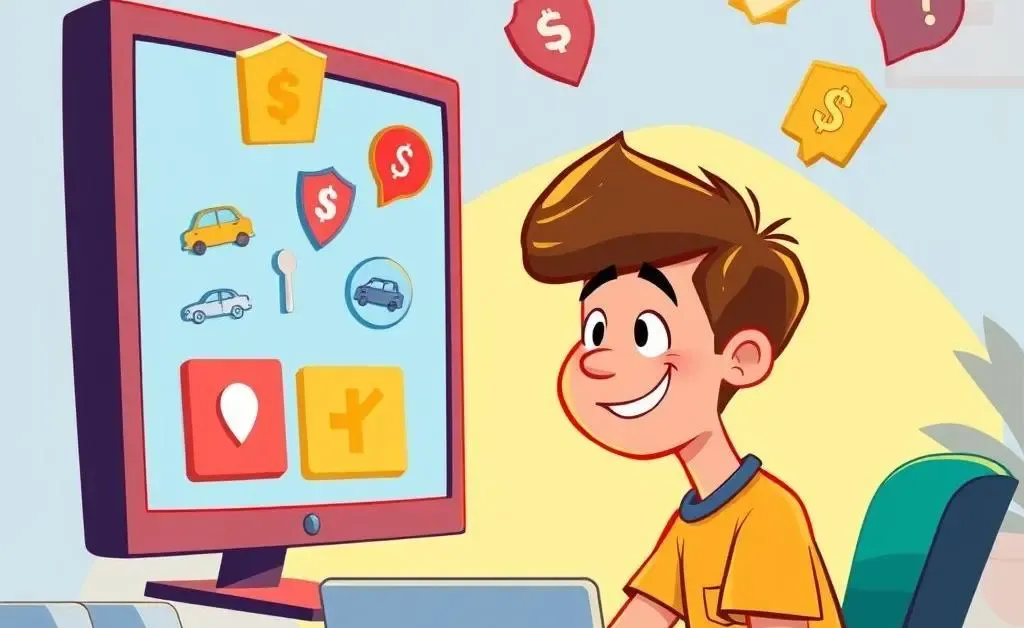 Cartoon illustration of insurance comparison shopping on a computer.