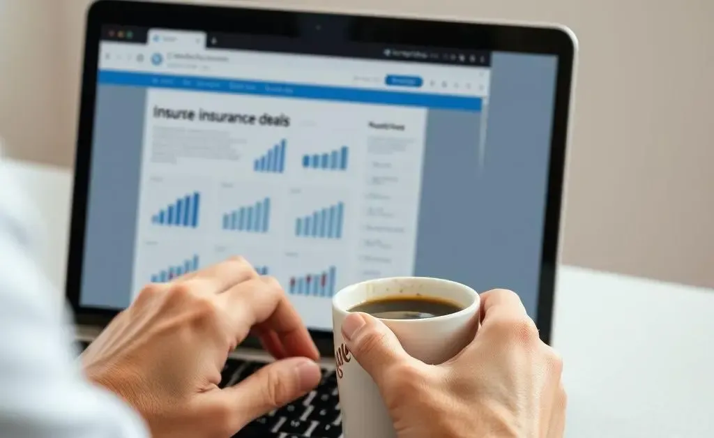 Person using a laptop to shop for insurance deals with a cup of coffee