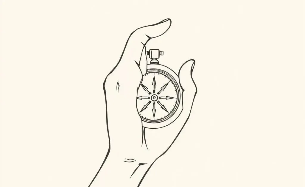 A minimalist drawing of a hand holding a compass, symbolizing guidance and exploration