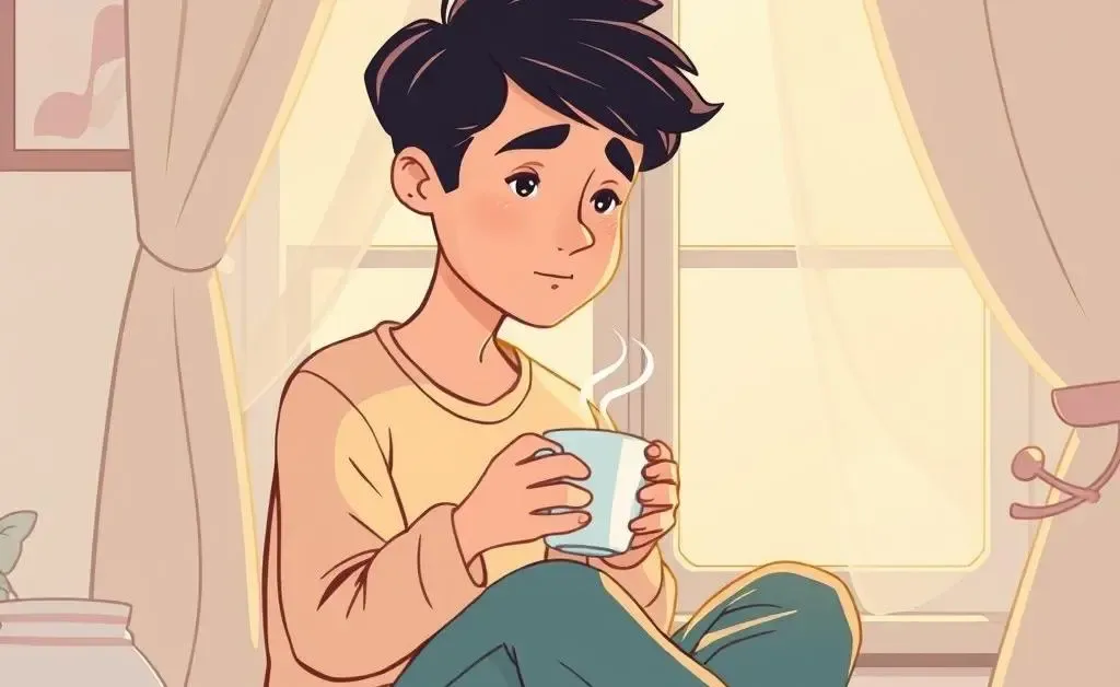A person sitting with a cup of tea in a calm setting.