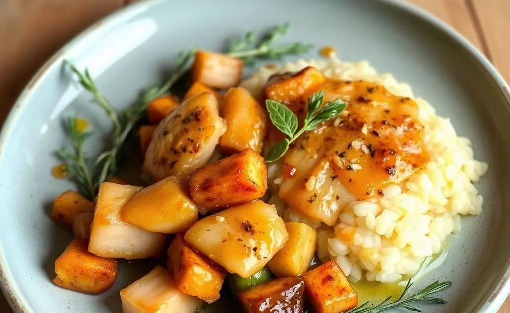 A beautifully plated homemade dish with a rustic aesthetic.