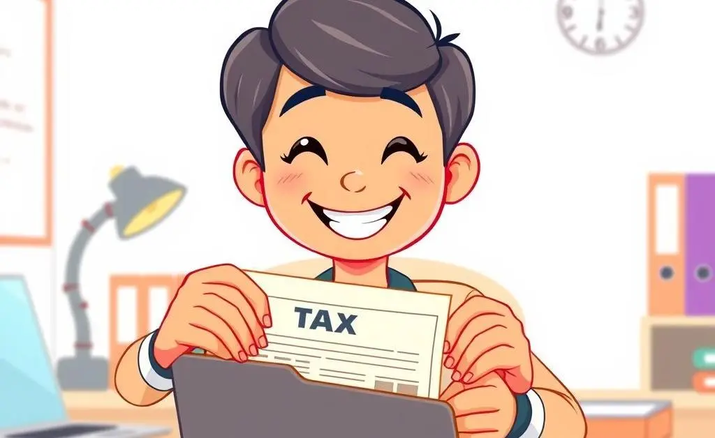 Illustration of a smiling character placing completed tax forms into a folder.