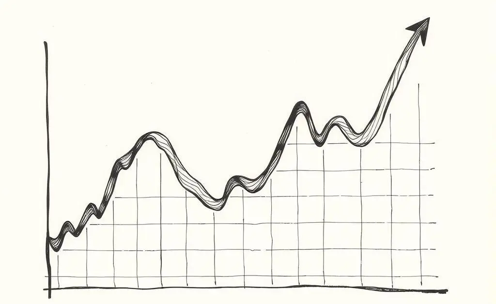 A hand-drawn chart with rising and falling lines, illustrating market fluctuation.