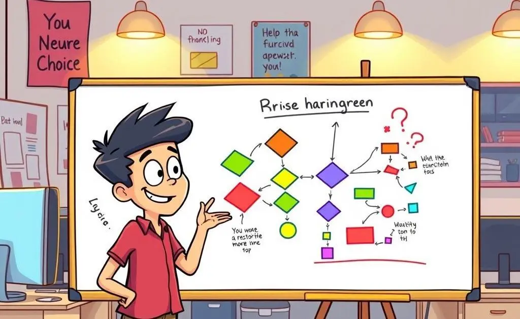 Illustration of a flowchart on a whiteboard.