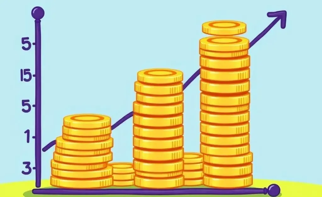 Cartoon-style graph illustrating compound growth with stacks of coins growing taller over time.