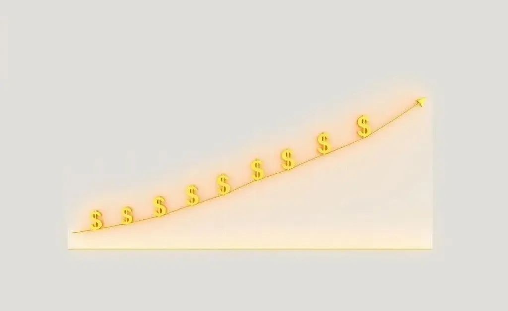 A modern, minimalist chart showing the growth of compound interest over time with dollar signs.