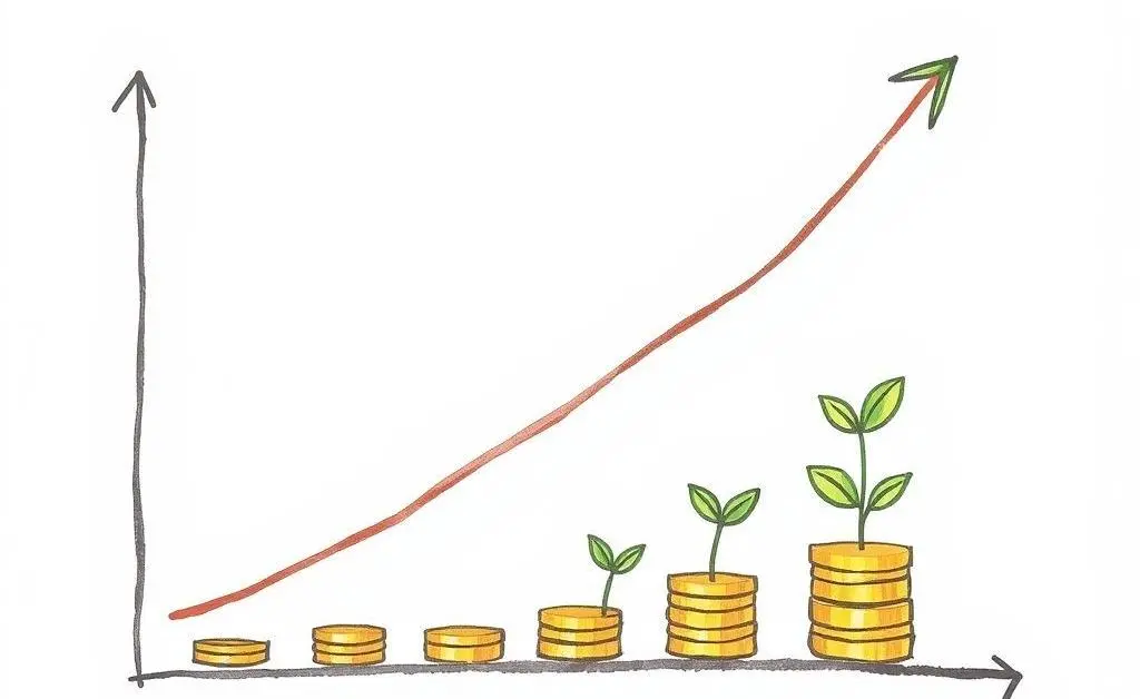 A hand-drawn graph showing upward compounding growth, with elements like coins and small plants sprouting leaves to signify growth.