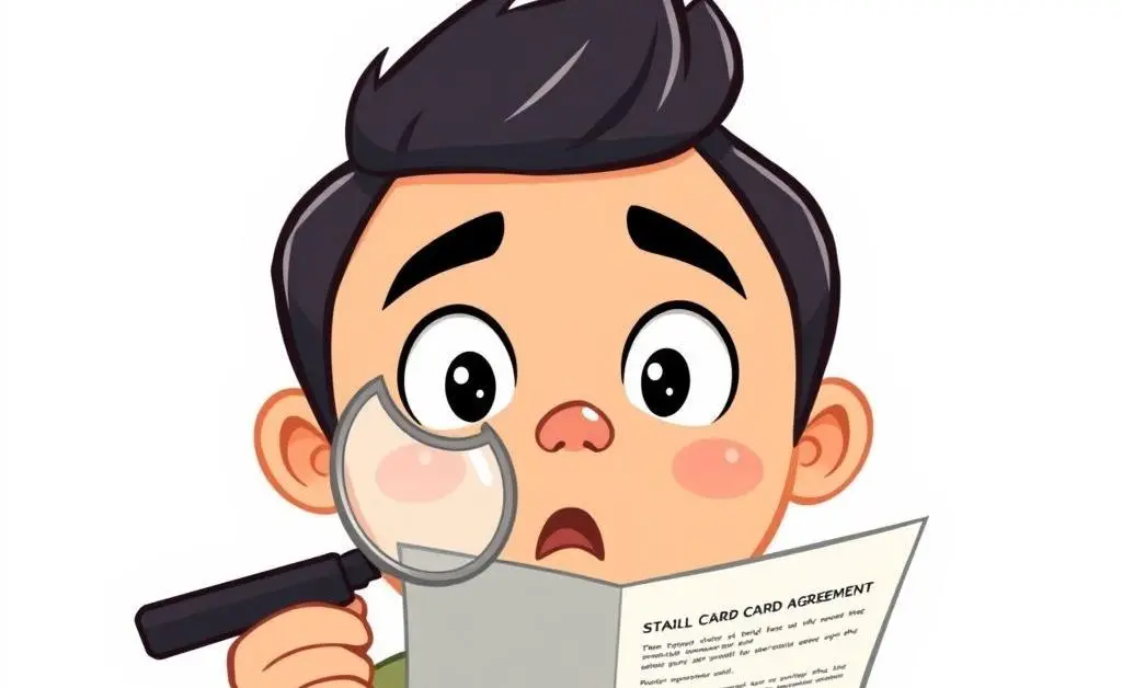 A cartoon user with a pleasantly surprised expression, holding a magnifying glass reading the fine print of a card agreement.