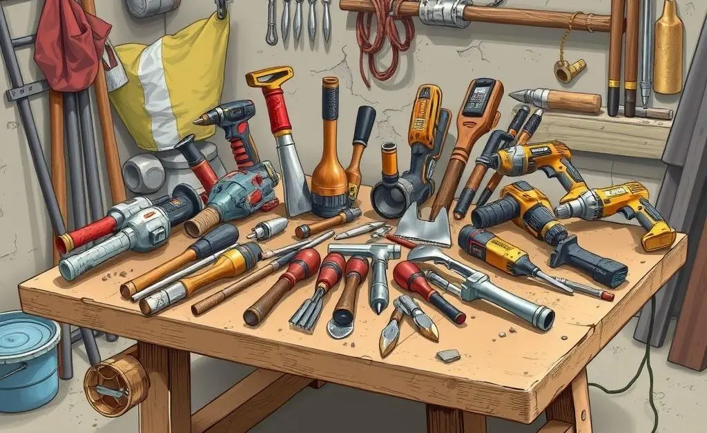 Various tools used for concrete removal on a workbench