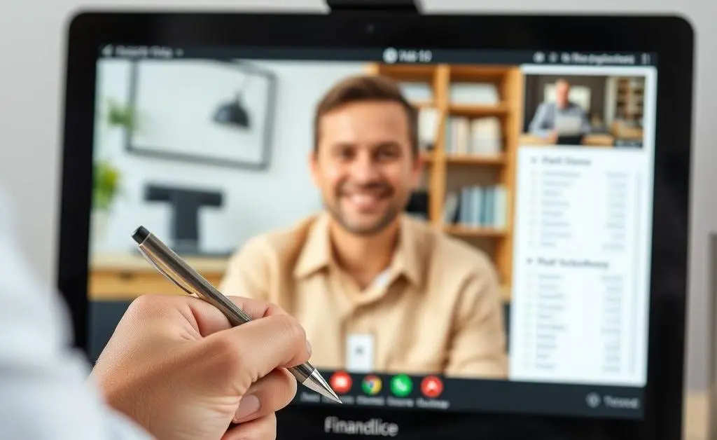 Person on a video call, pen in hand, taking notes on financial advice