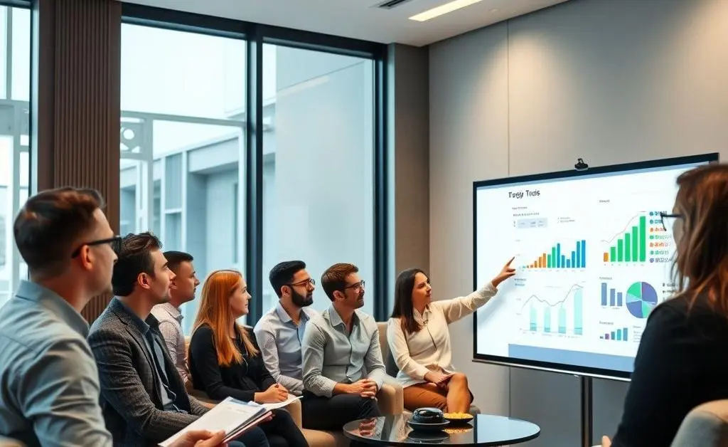 A group engaging in a presentation in a conference room.