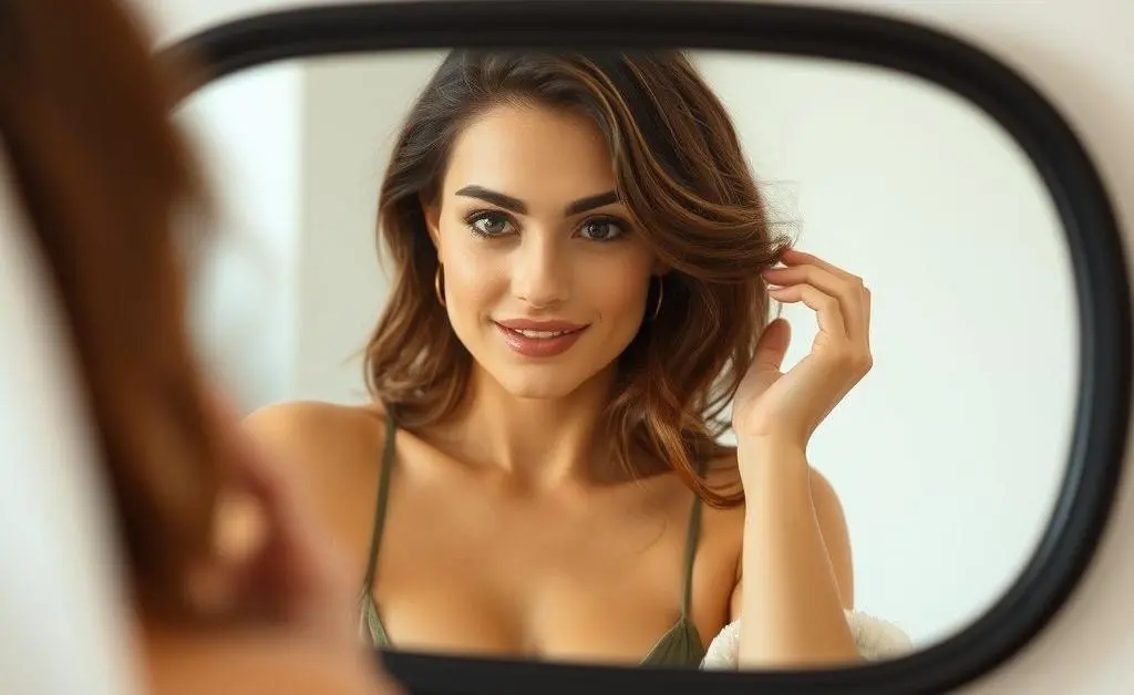 A person looking in a mirror with a confident smile during job preparation