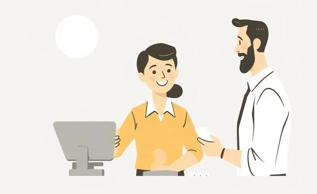 Minimalist illustration of a bank teller making sure-handed transactions with smiling customers