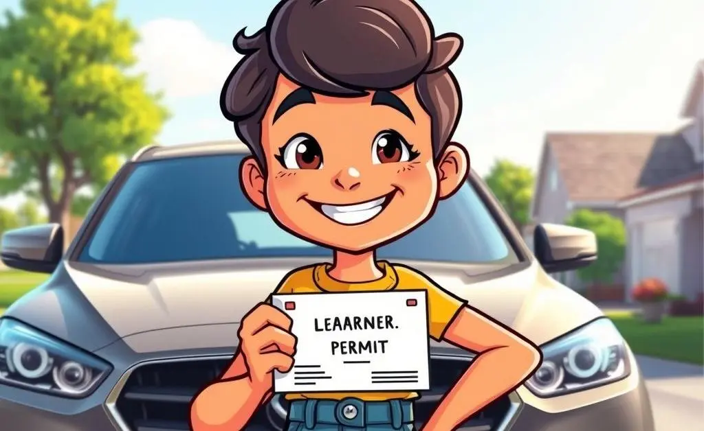 Confident driver with a permit in front of a car
