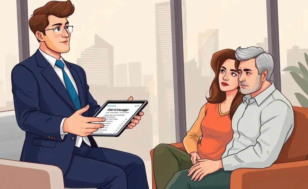 An illustration of a confident insurance agent showing plans on a tablet to a thoughtful couple.