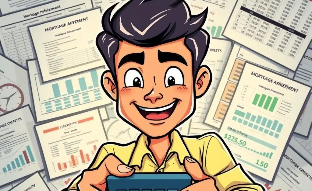 Cartoon of a person confidently using a calculator, surrounded by mortgage documents