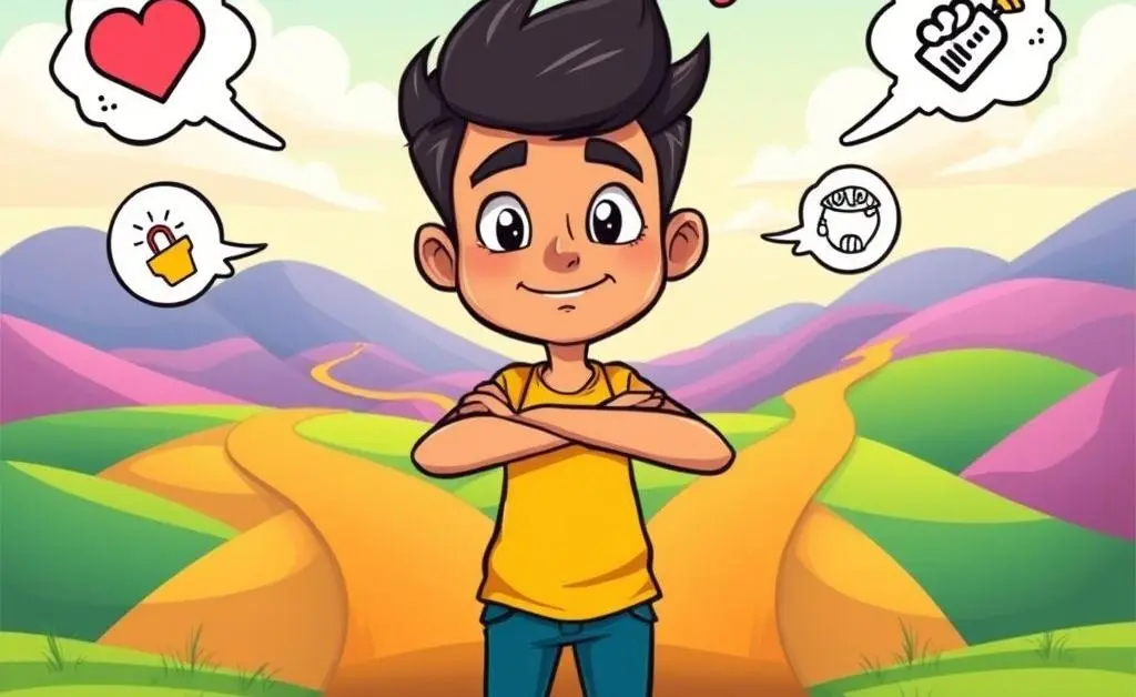 Person making a decision at a crossroads with thought bubbles.