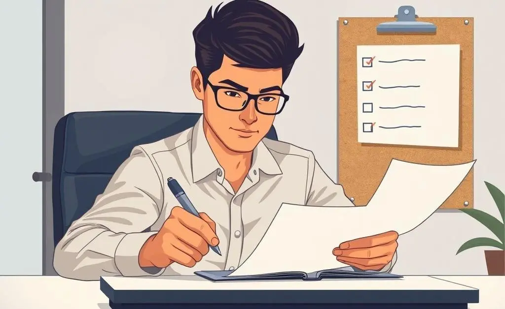 Illustration of a person confidently signing papers, with a checklist in the background.
