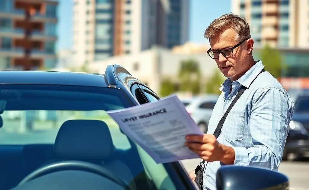 A confident driver reviewing car insurance documents beside a car.
