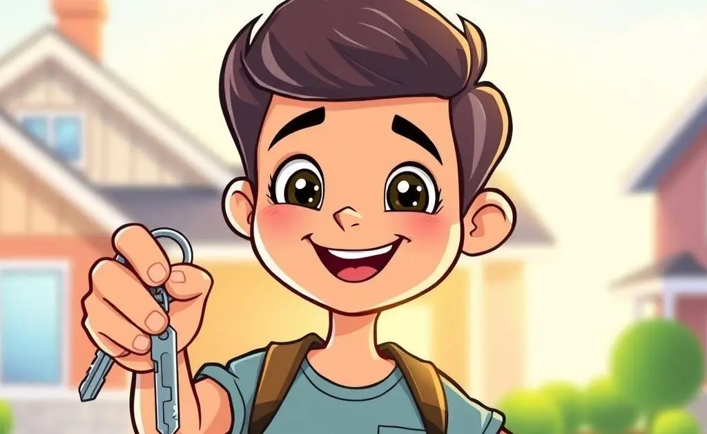 A cartoon of a confident first-time homebuyer holding house keys