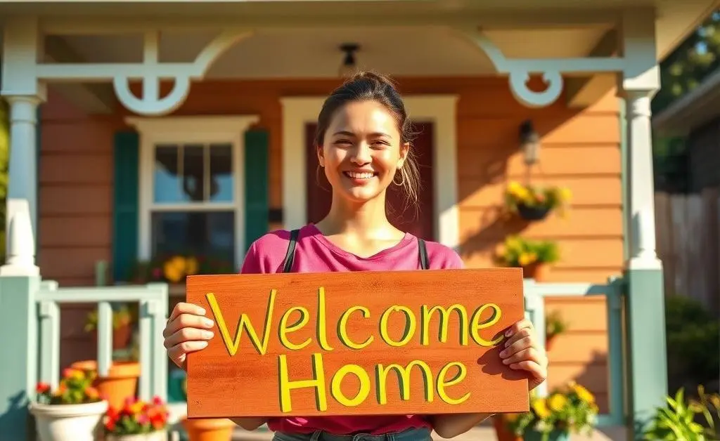 Person confidently standing in front of their new home