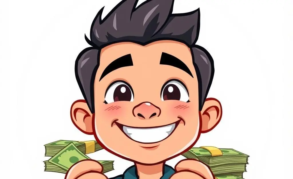 A cartoon of a confident person smiling with stacks of money