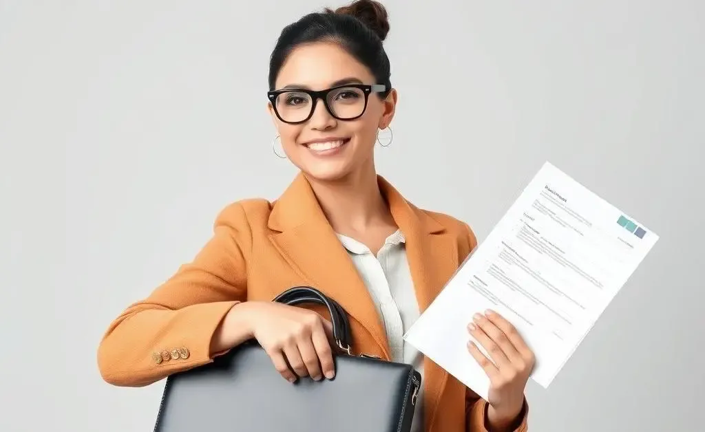A job seeker confidently holding a briefcase and a resume, with a smile and looking forward.
