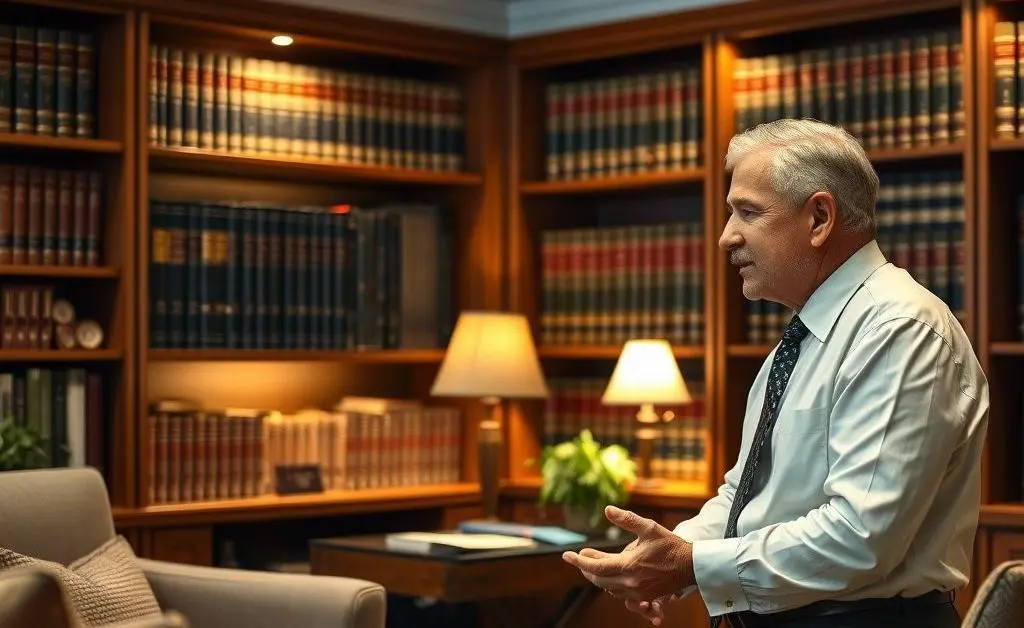 A friendly lawyer discussing a case in a warm and inviting office environment.