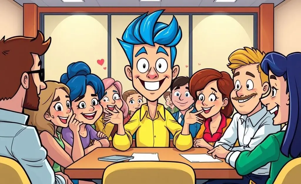 A character with blue hair leading a discussion in a meeting room.