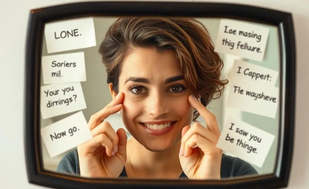 A person confidently looking into a mirror with motivational notes around it