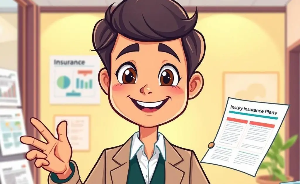 A cartoon-style image of a confident advisor with a warm smile, explaining insurance options