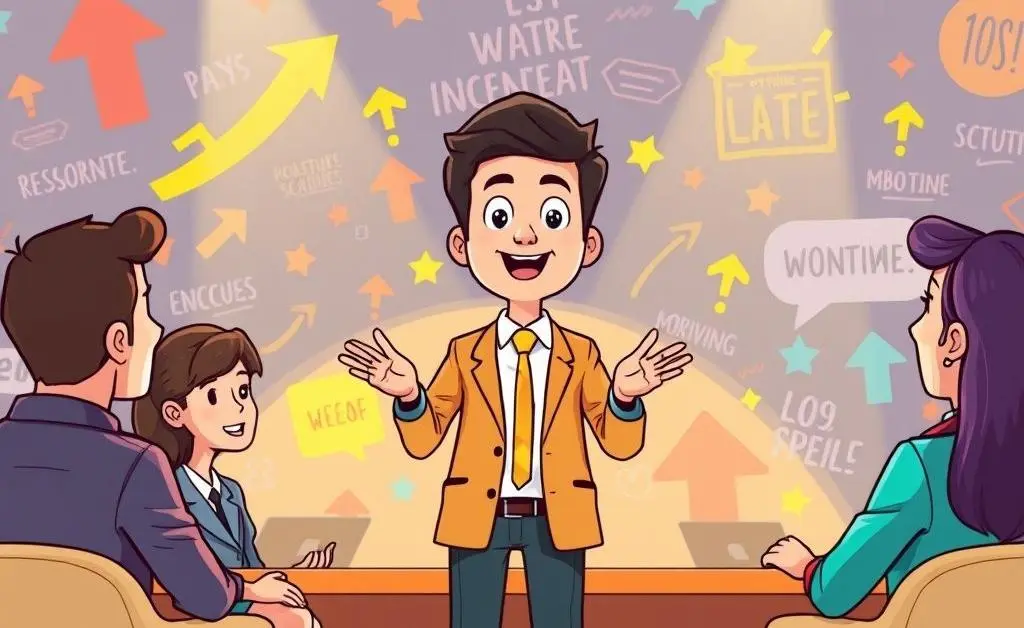 A person speaking confidently in front of interviewers