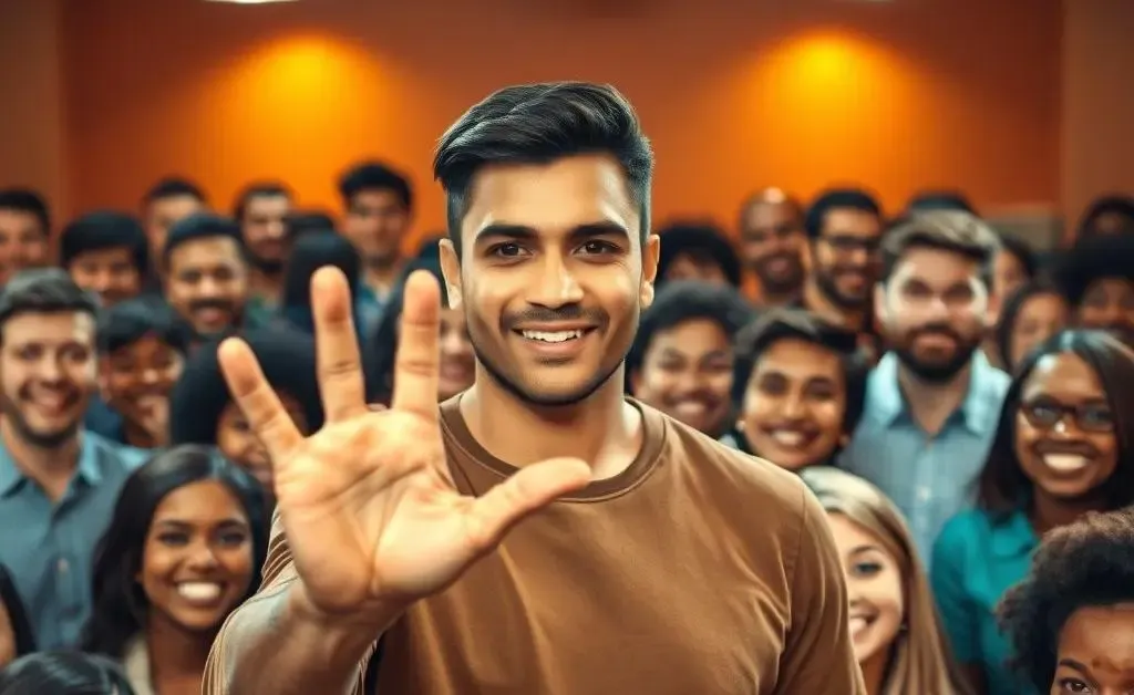 A person confidently saying 'no' while holding a hand up, surrounded by smiling faces.