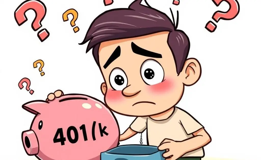 Confused person looking at an open piggy bank labeled 401(k)