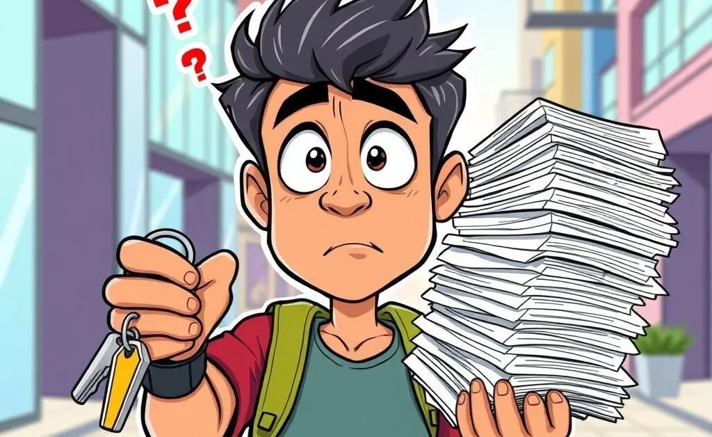 A confused person holding car keys and loan papers