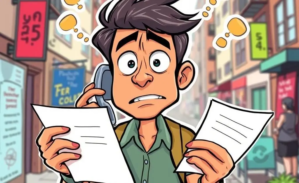 A confused homebuyer holding paperwork and talking on the phone