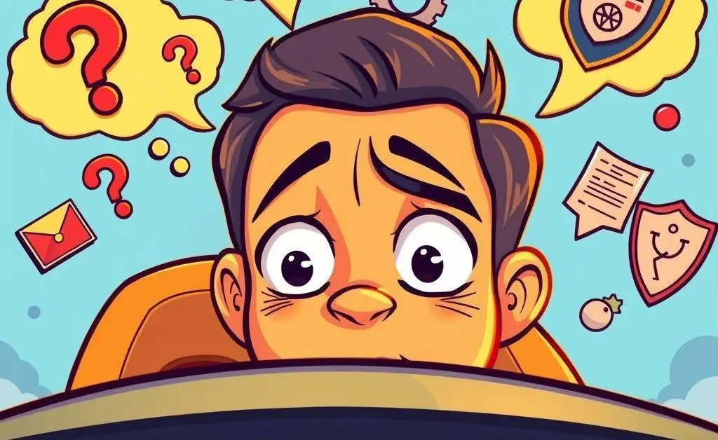 A cartoon-like image showing a confused person looking at a car with thoughts about insurance, such as question marks and gears.