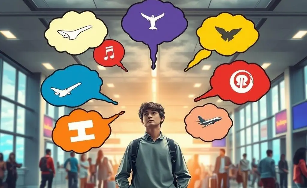 A person standing at an airport with multiple thought bubbles indicating confusion between different airline offers