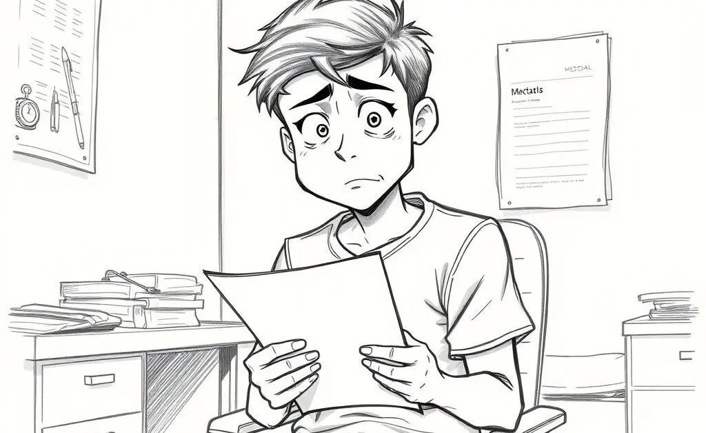 A confused person in a doctor's office holding papers