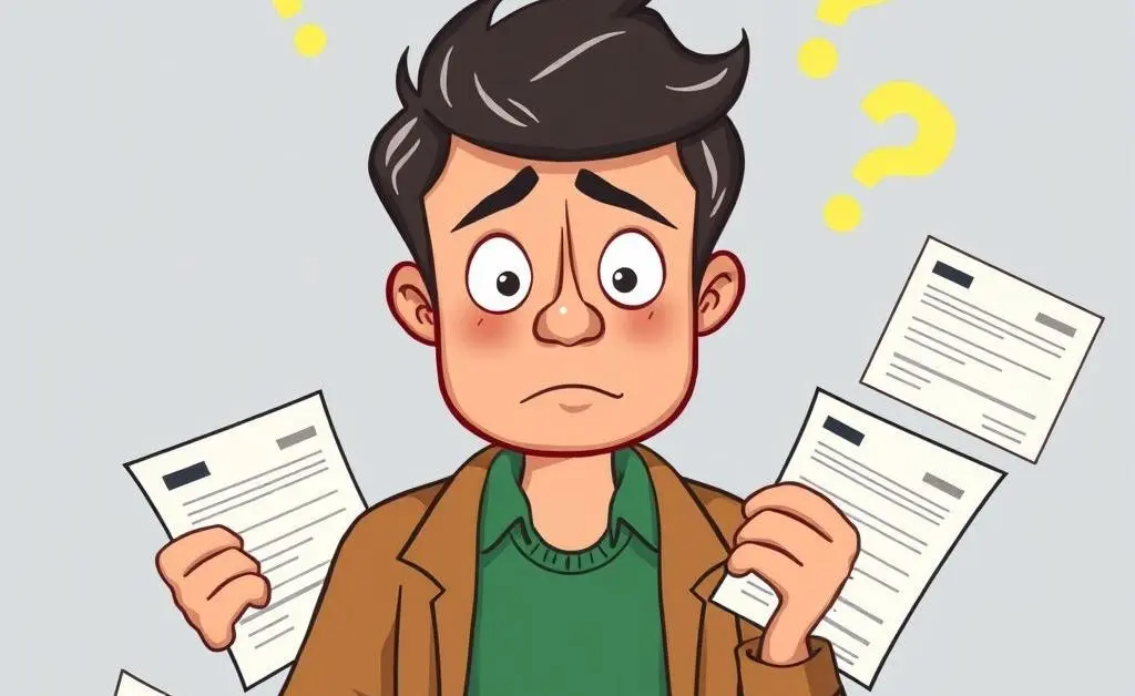Cartoon of a confused person surrounded by credit score documents.