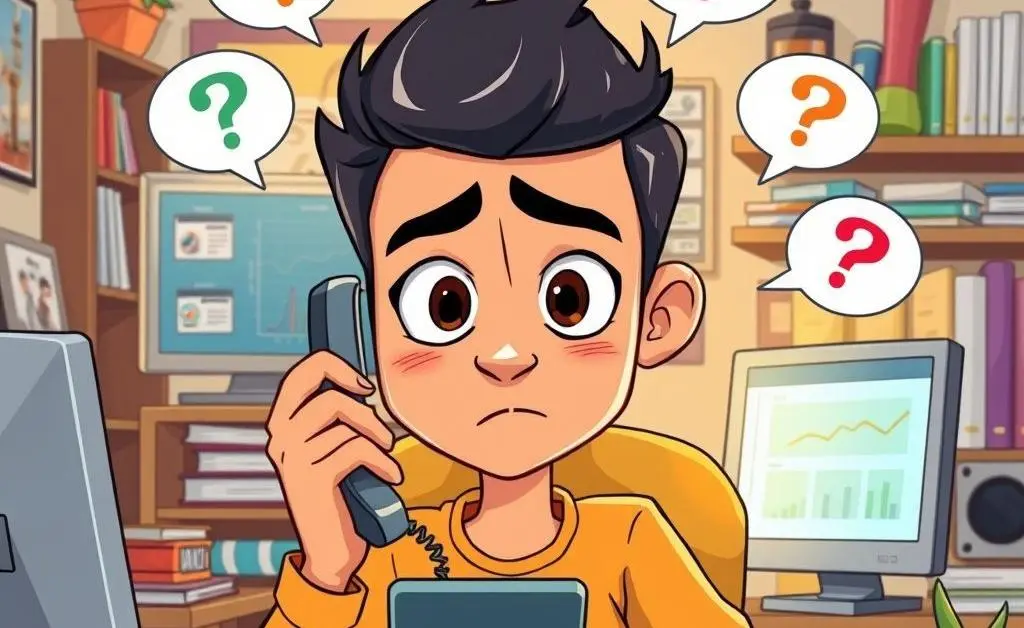 A cartoon illustration of a confused person on the phone with a life insurance call center.