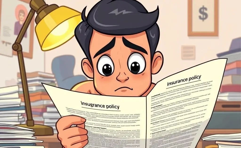 A person looking puzzled while reading a long insurance policy document.