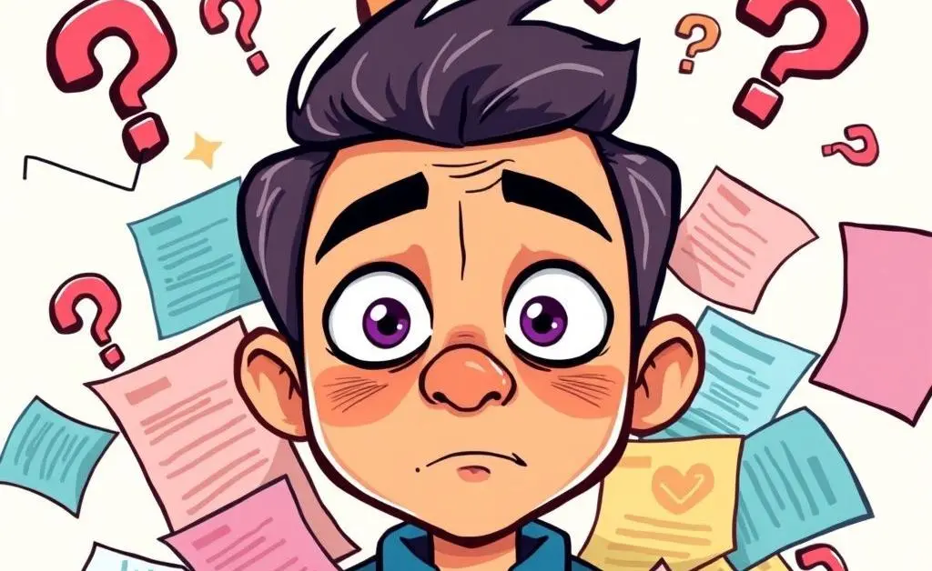 Cartoon of a confused person with notes