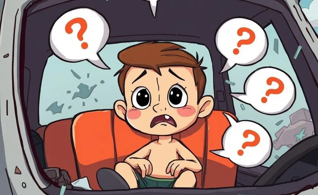 Cartoon character in a damaged car looking confused
